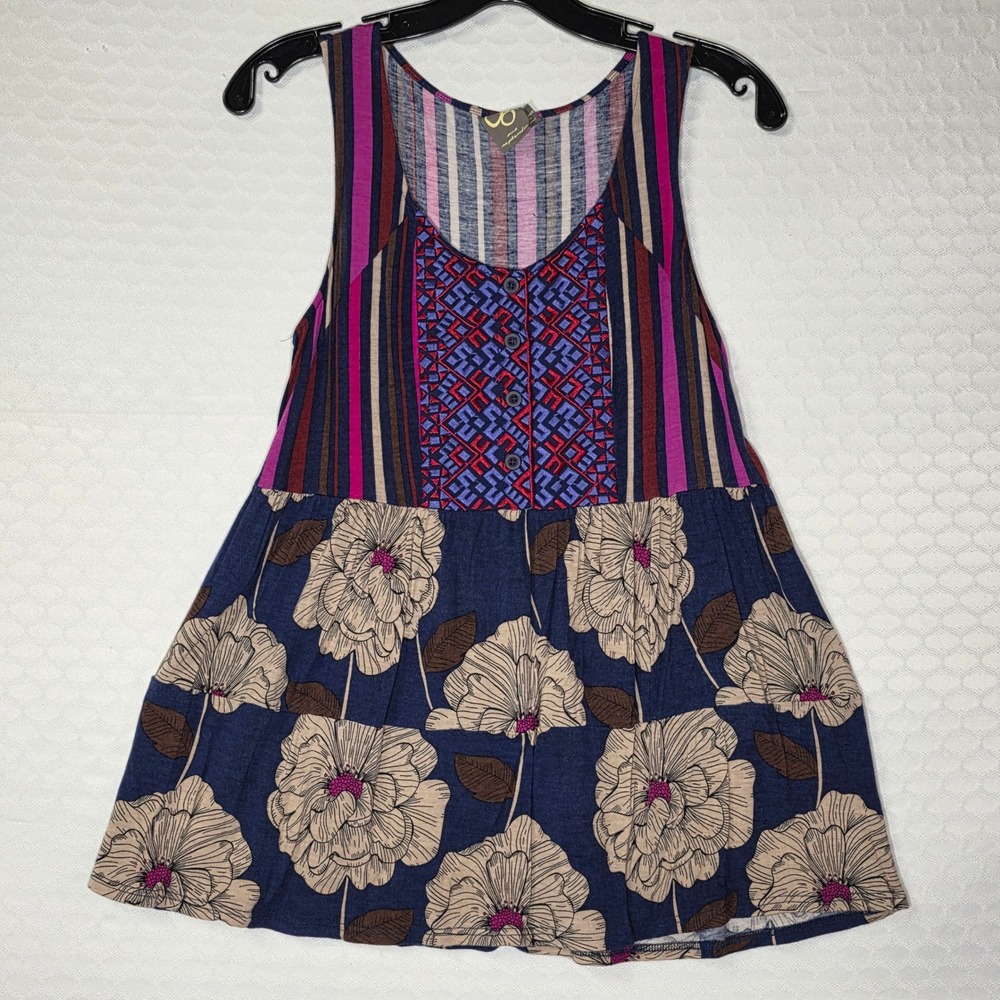 One September Anthropologie Floral Striped Embroidered Tunic Top Navy Pink Small